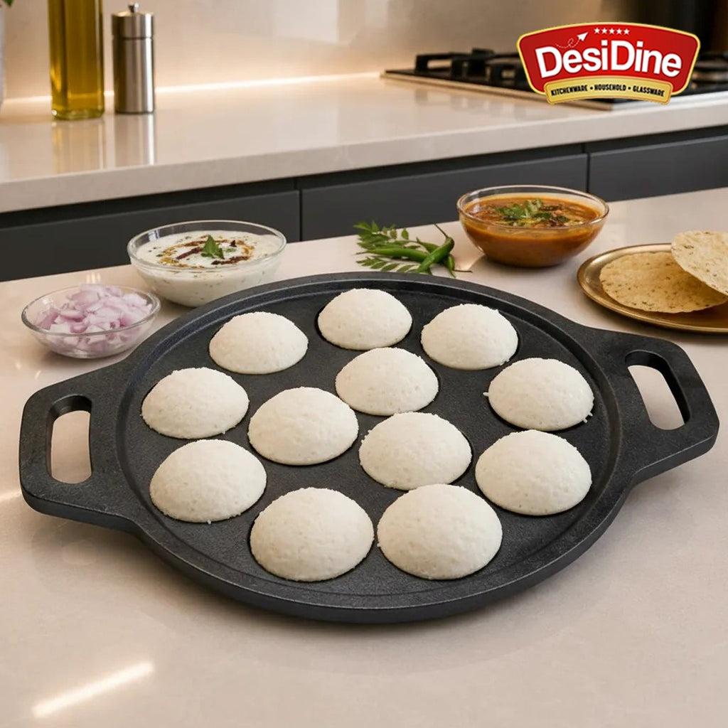 DesiDine Pre Seasoned Cast Iron Paniyaram/Appam Pan, 12 pits, 25 cm (With Silicon Handle Cover)