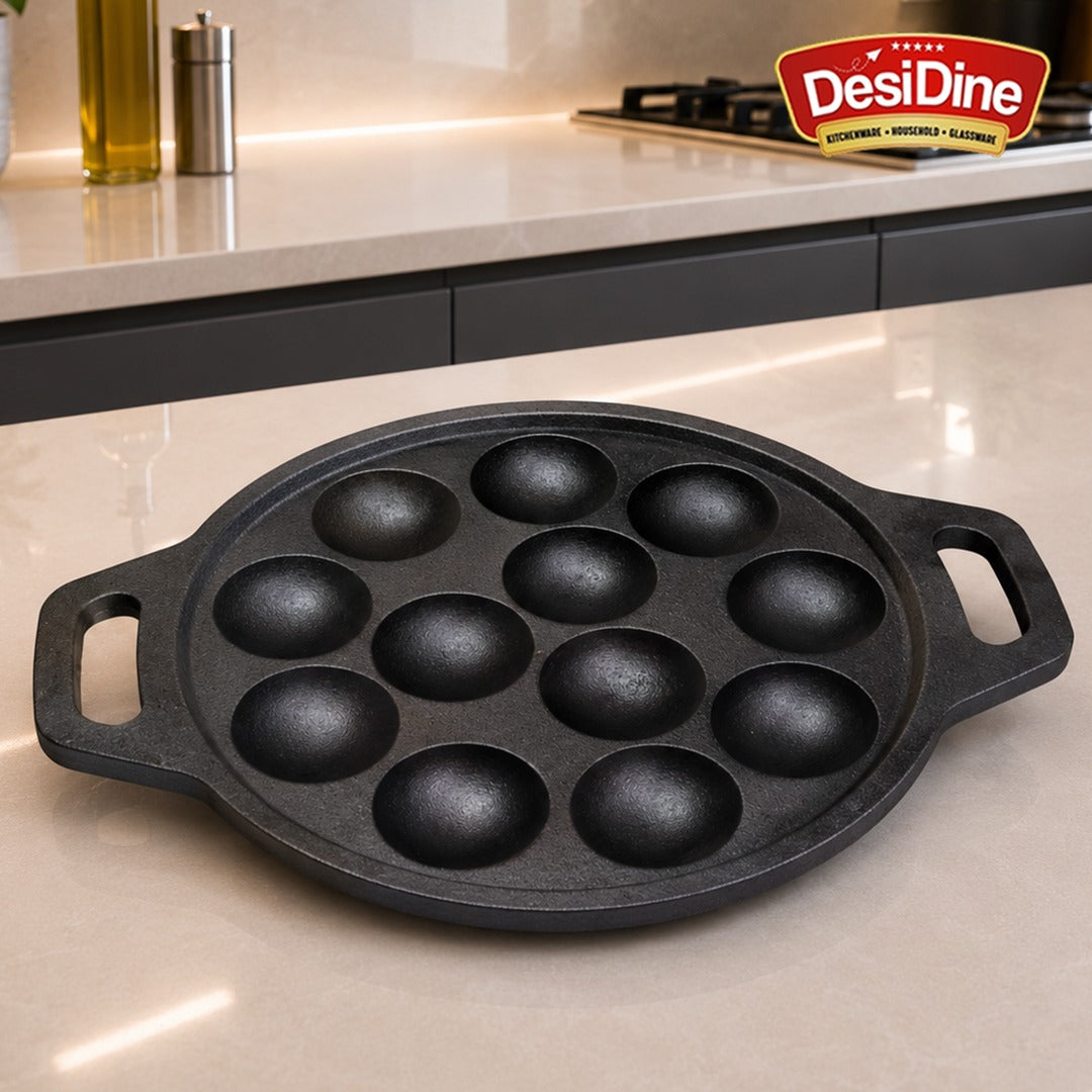 DesiDine Pre Seasoned Cast Iron Paniyaram/Appam Pan, 12 pits, 25 cm (With Silicon Handle Cover)