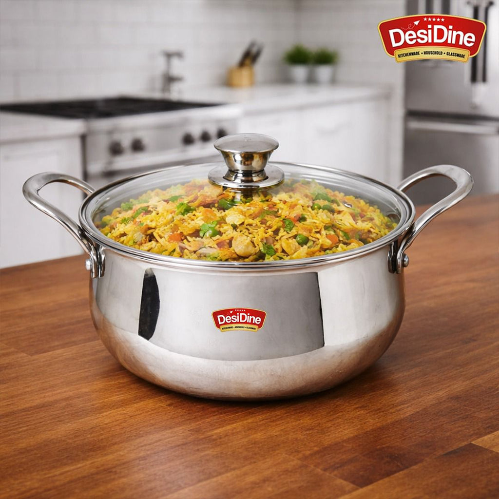 Triply Stainless Steel Handi Shape Biryani Pot with Glass Lid