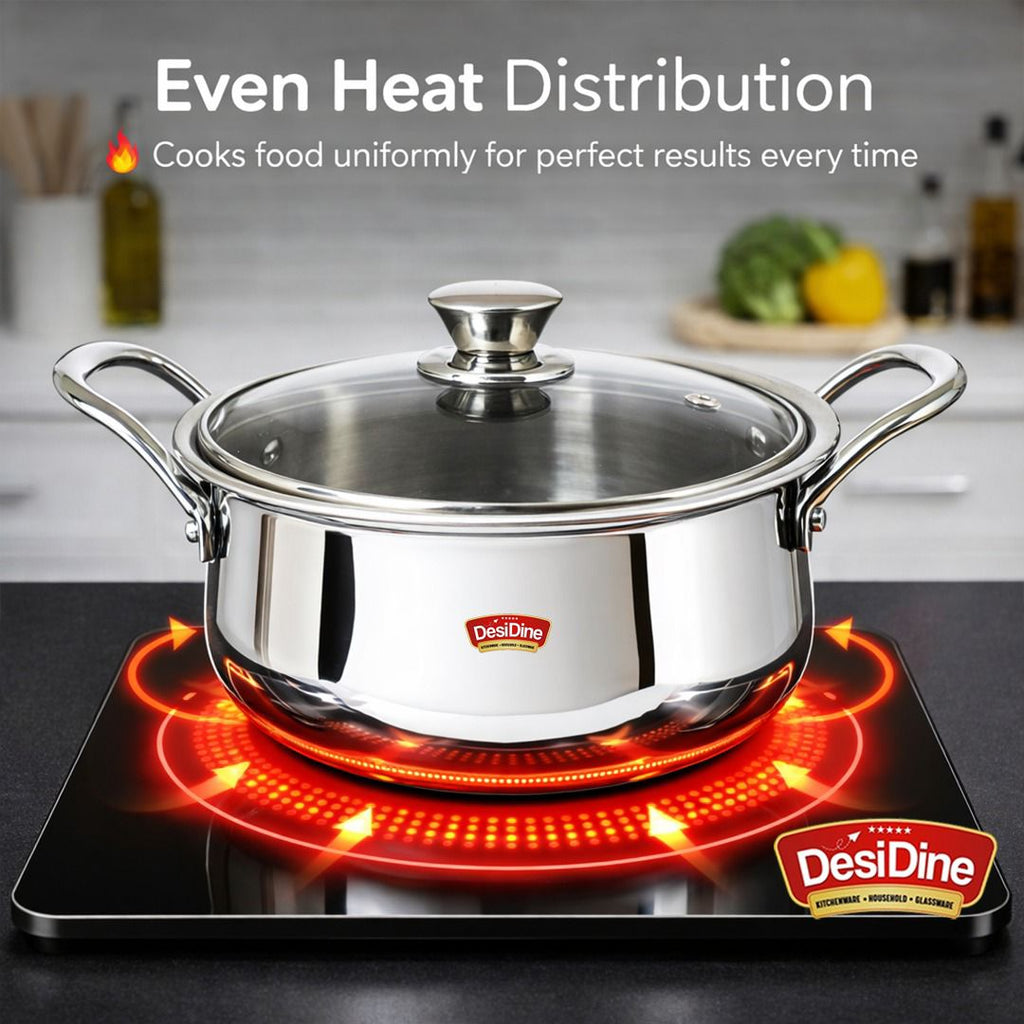 Triply Stainless Steel Handi Shape Biryani Pot with Glass Lid