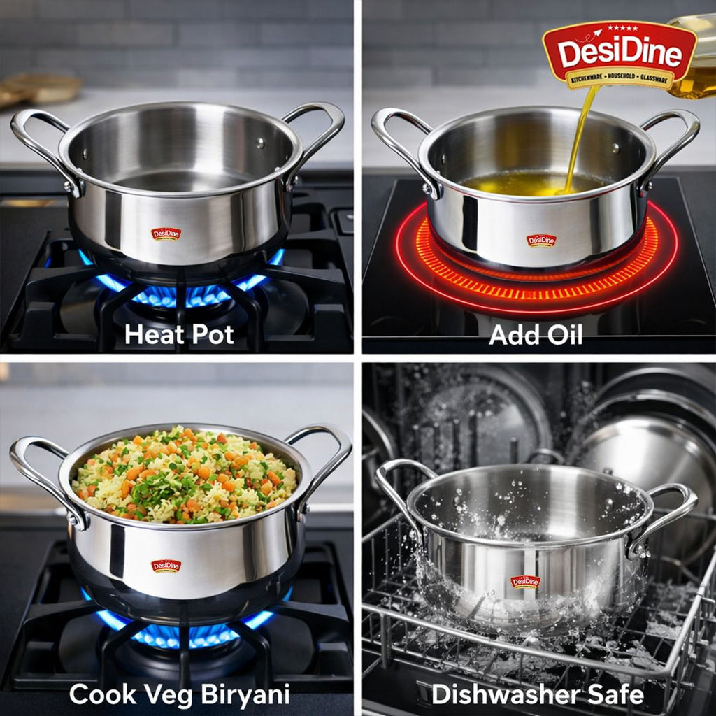 Triply Stainless Steel Handi Shape Biryani Pot with Glass Lid