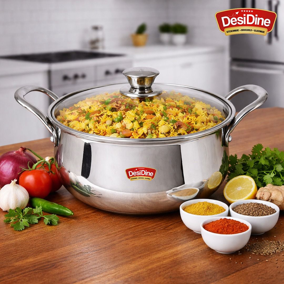 Triply Stainless Steel Handi Shape Biryani Pot with Glass Lid