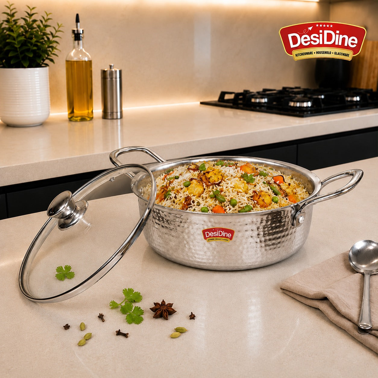 DesiDine Triply Hammered Steel Mini Sauce Pot/Mini Biryani Pot With Steel Lid