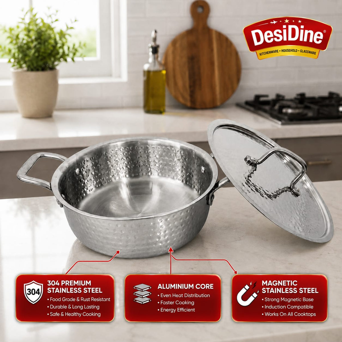 DesiDine Triply Hammered Steel Mini Sauce Pot/Mini Biryani Pot With Steel Lid
