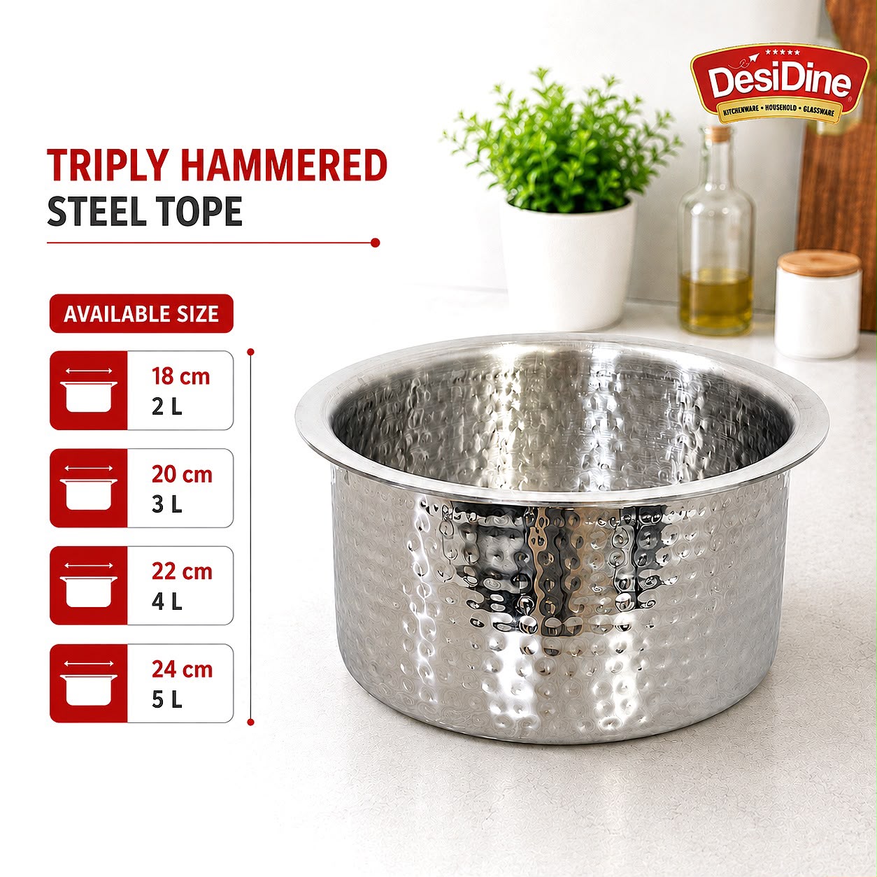 Desidine Triply Steel Hammered Tope Without Lid