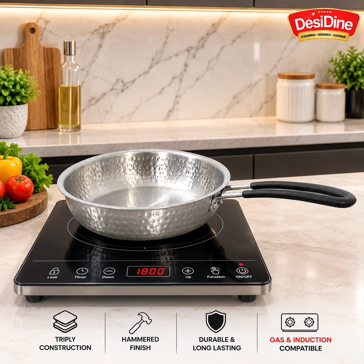 DesiDine Triply Hammered Steel Insulated Cool Grip Frypan
