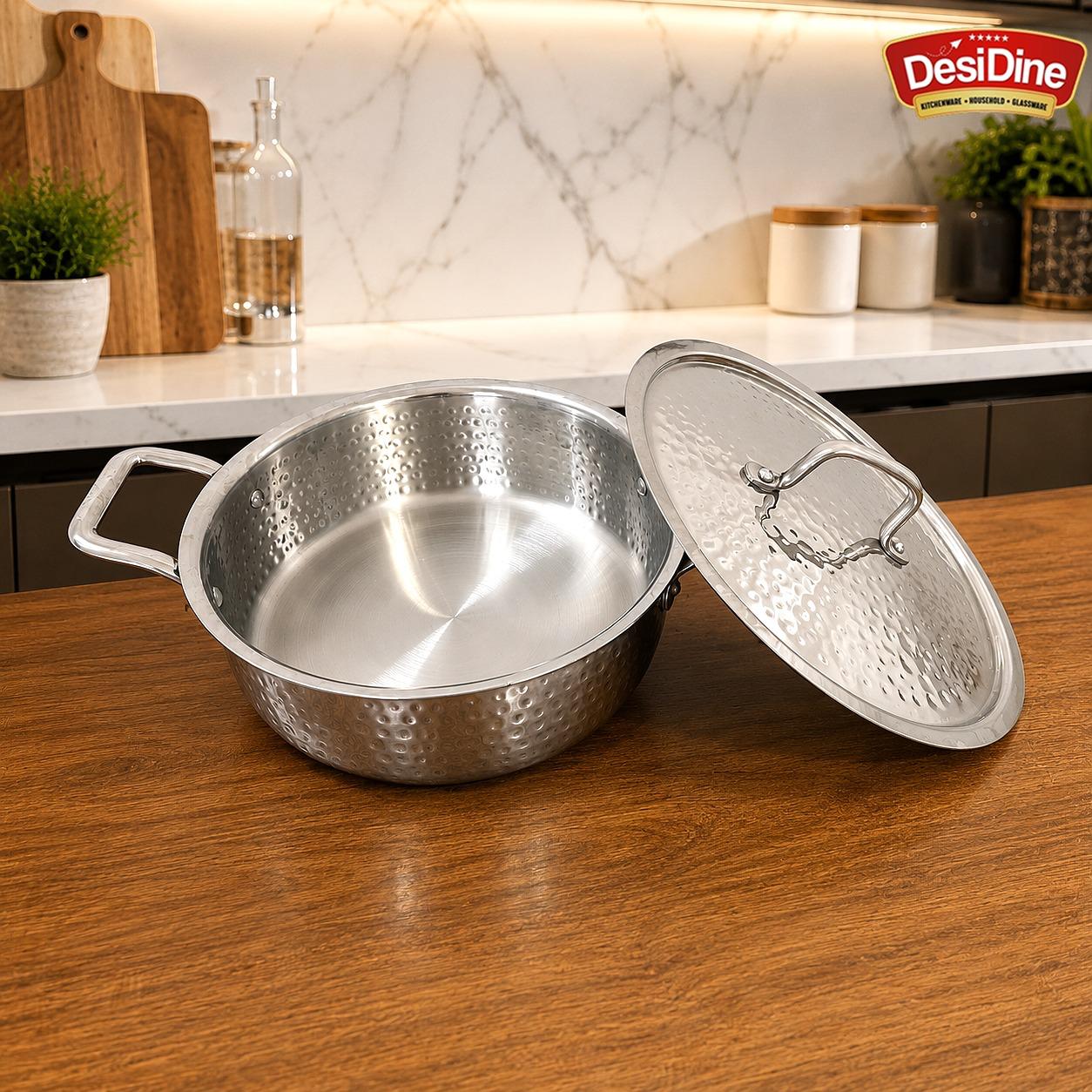 DesiDine Triply Hammered Steel Mini Sauce Pot/Mini Biryani Pot With Steel Lid