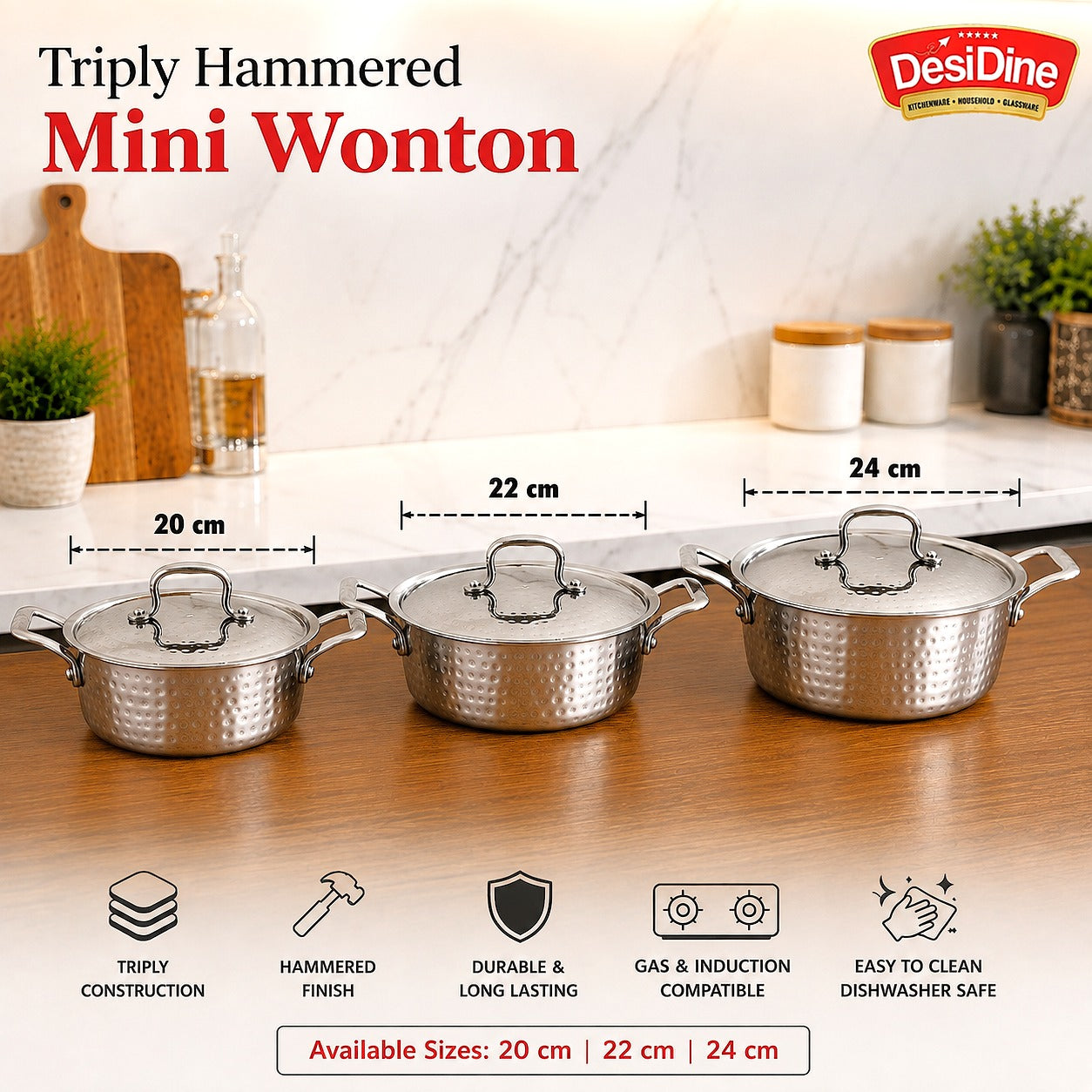 DesiDine Triply Hammered Steel Mini Sauce Pot/Mini Biryani Pot With Steel Lid