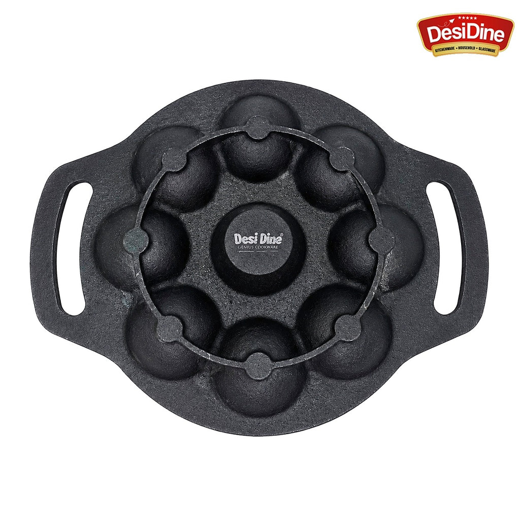 DesiDine Preseasoned Cast Iron 9 Pit Paniyaram/Appam Pan (21 cm)