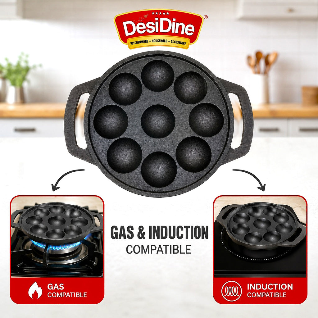DesiDine Preseasoned Cast Iron 9 Pit Paniyaram/Appam Pan (21 cm)