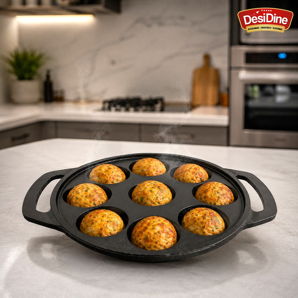 DesiDine Preseasoned Cast Iron 9 Pit Paniyaram/Appam Pan (21 cm)