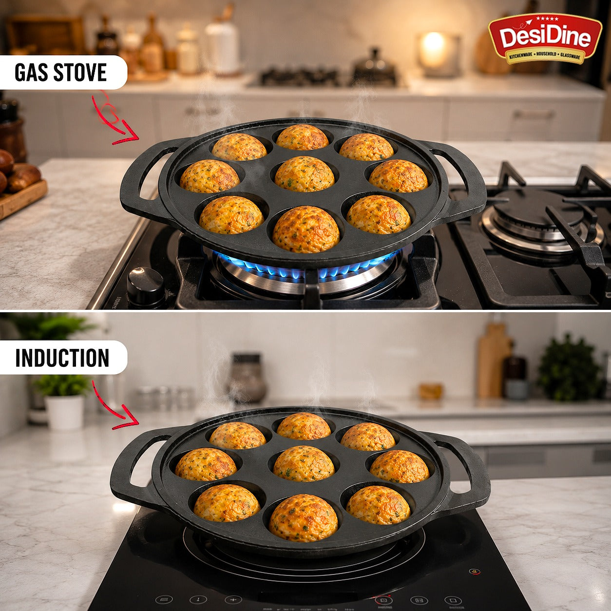 DesiDine Preseasoned Cast Iron 9 Pit Paniyaram/Appam Pan (21 cm)