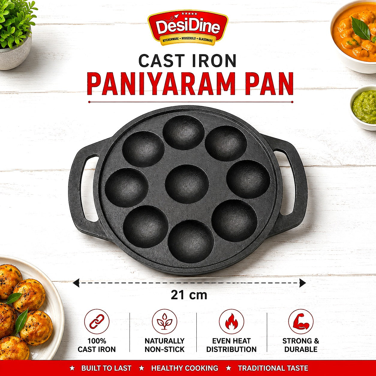 DesiDine Preseasoned Cast Iron 9 Pit Paniyaram/Appam Pan (21 cm)