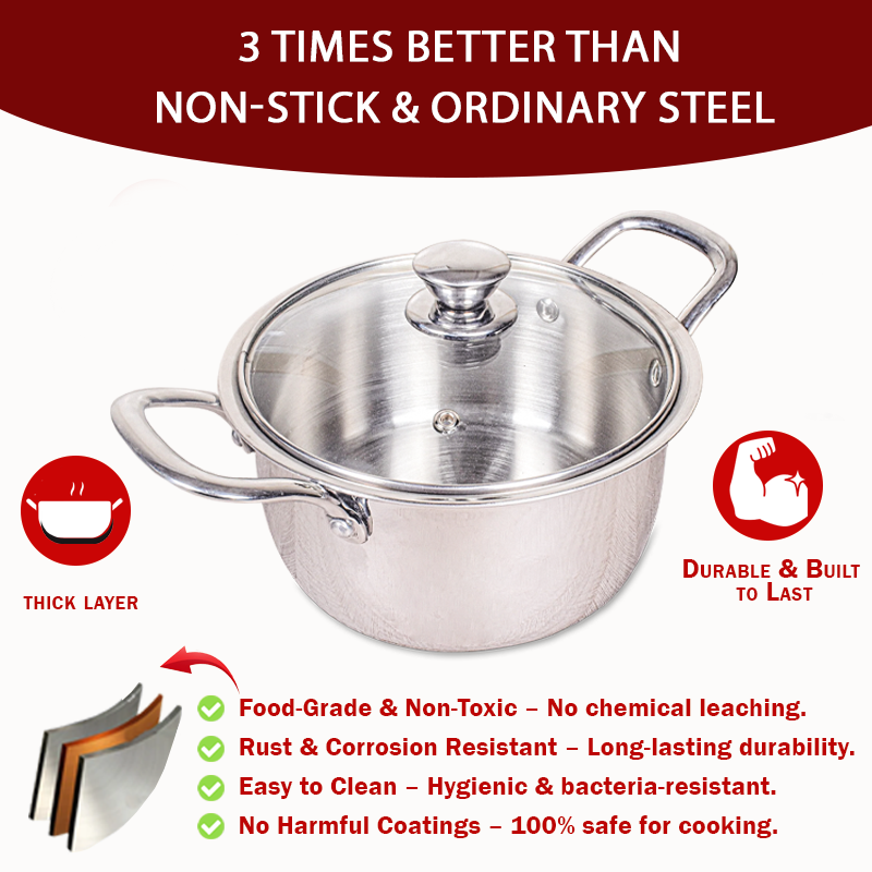 DesiDine Stainless Steel Triply Sauce Pot/ Biryani Pot With Glass lid