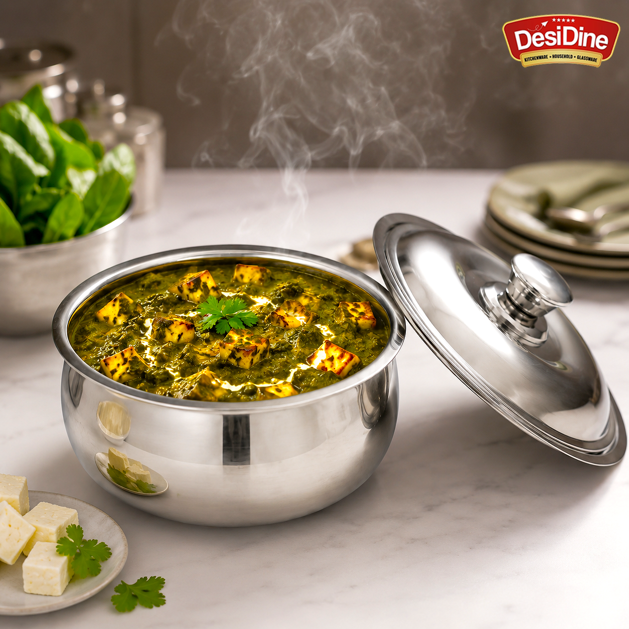 DesiDine Double Wall Stainless Steel Belly Shape Casserole, Insulated Thermal Serving Bowl
