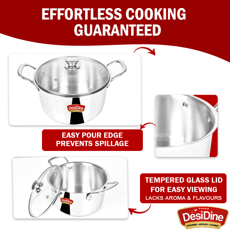 DesiDine Stainless Steel Triply Sauce Pot/ Biryani Pot With Glass lid