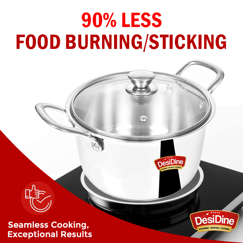 DesiDine Stainless Steel Triply Sauce Pot/ Biryani Pot With Glass lid