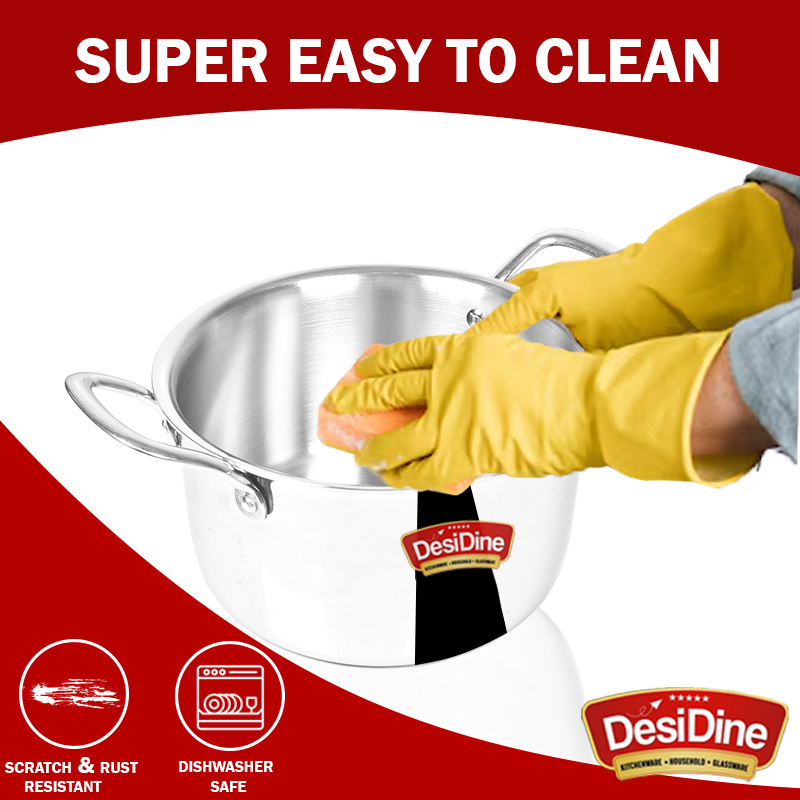 DesiDine Stainless Steel Triply Sauce Pot/ Biryani Pot With Glass lid