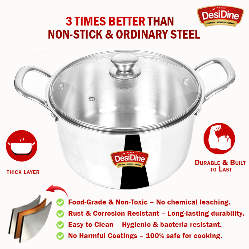 DesiDine Stainless Steel Triply Sauce Pot/ Biryani Pot With Glass lid