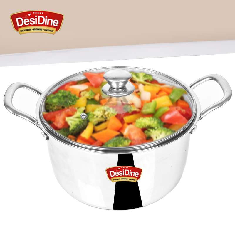 DesiDine Stainless Steel Triply Sauce Pot/ Biryani Pot With Glass lid