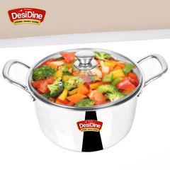 DesiDine Stainless Steel Triply Sauce Pot/ Biryani Pot With Glass lid