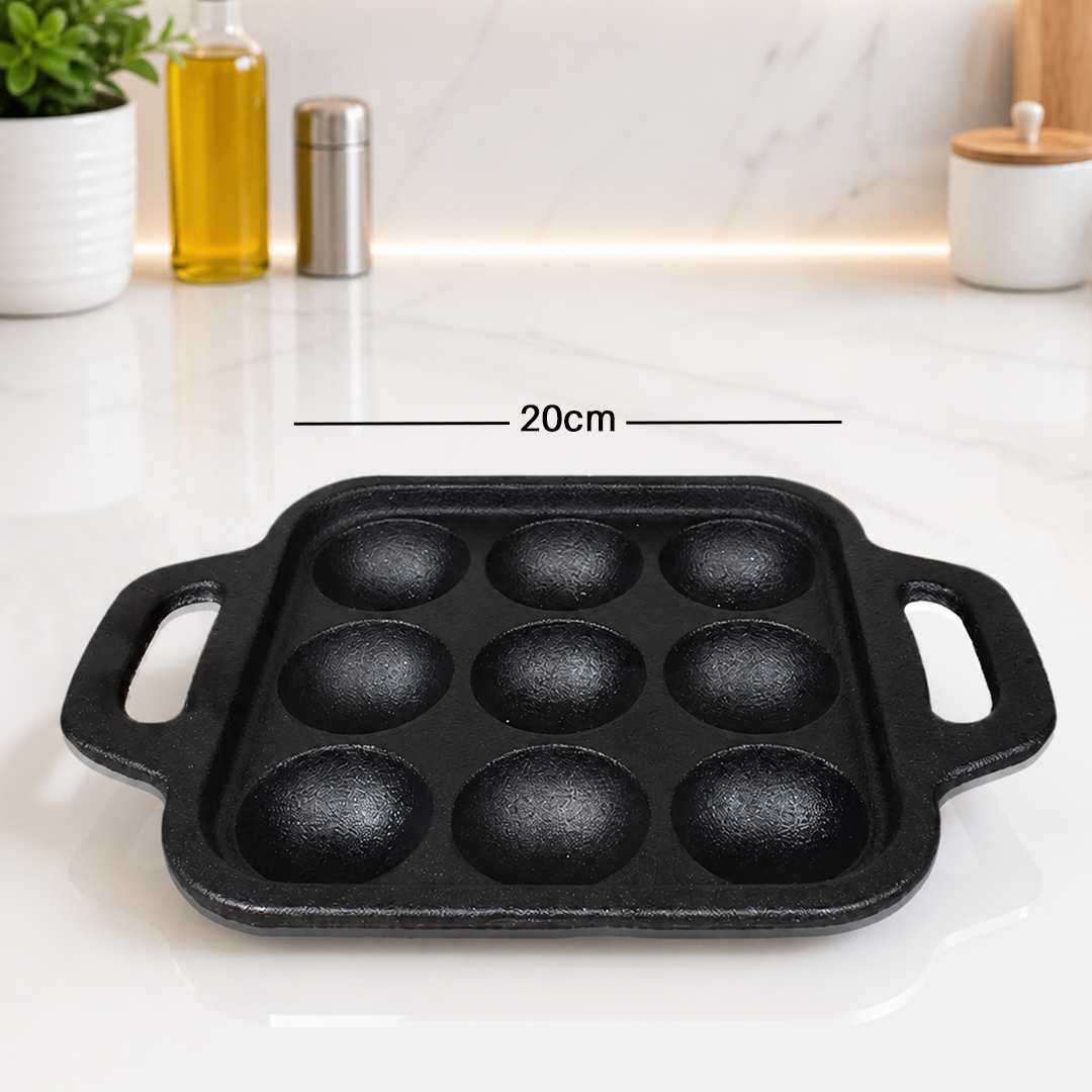 DesiDine Preseasoned Cast Iron 9 Pit Paniyaram/Appam Pan (20 cm)
