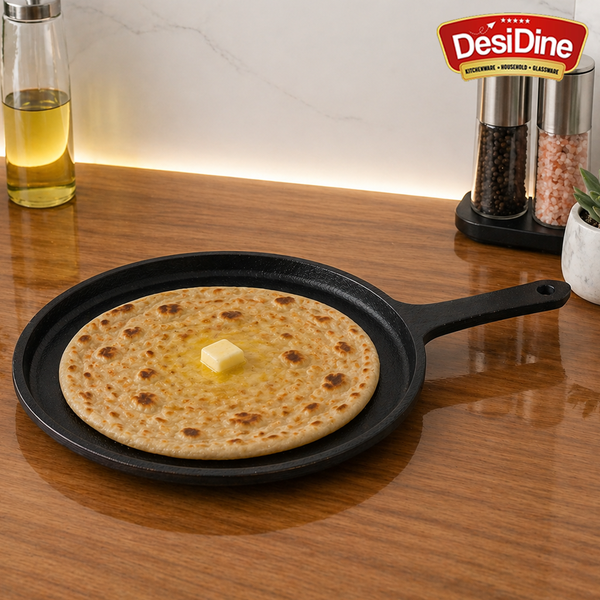 DesDine Pre-Seasoned Cast Iron Flat Roti/Chapati Tawa, 25 cm, Induction Friendly