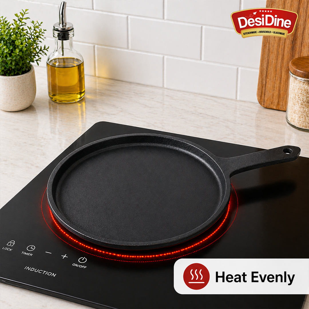 DesDine Pre-Seasoned Cast Iron Flat Roti/Chapati Tawa, 25 cm, Induction Friendly