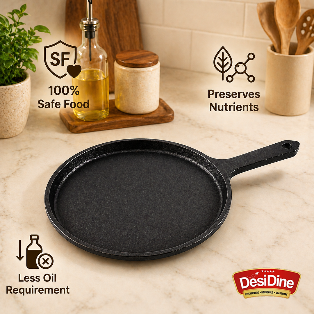 DesDine Pre-Seasoned Cast Iron Flat Roti/Chapati Tawa, 25 cm, Induction Friendly