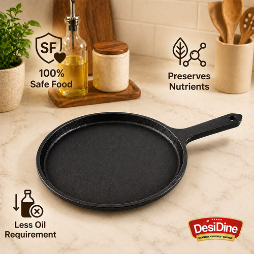 DesDine Pre-Seasoned Cast Iron Flat Roti/Chapati Tawa, 25 cm, Induction Friendly