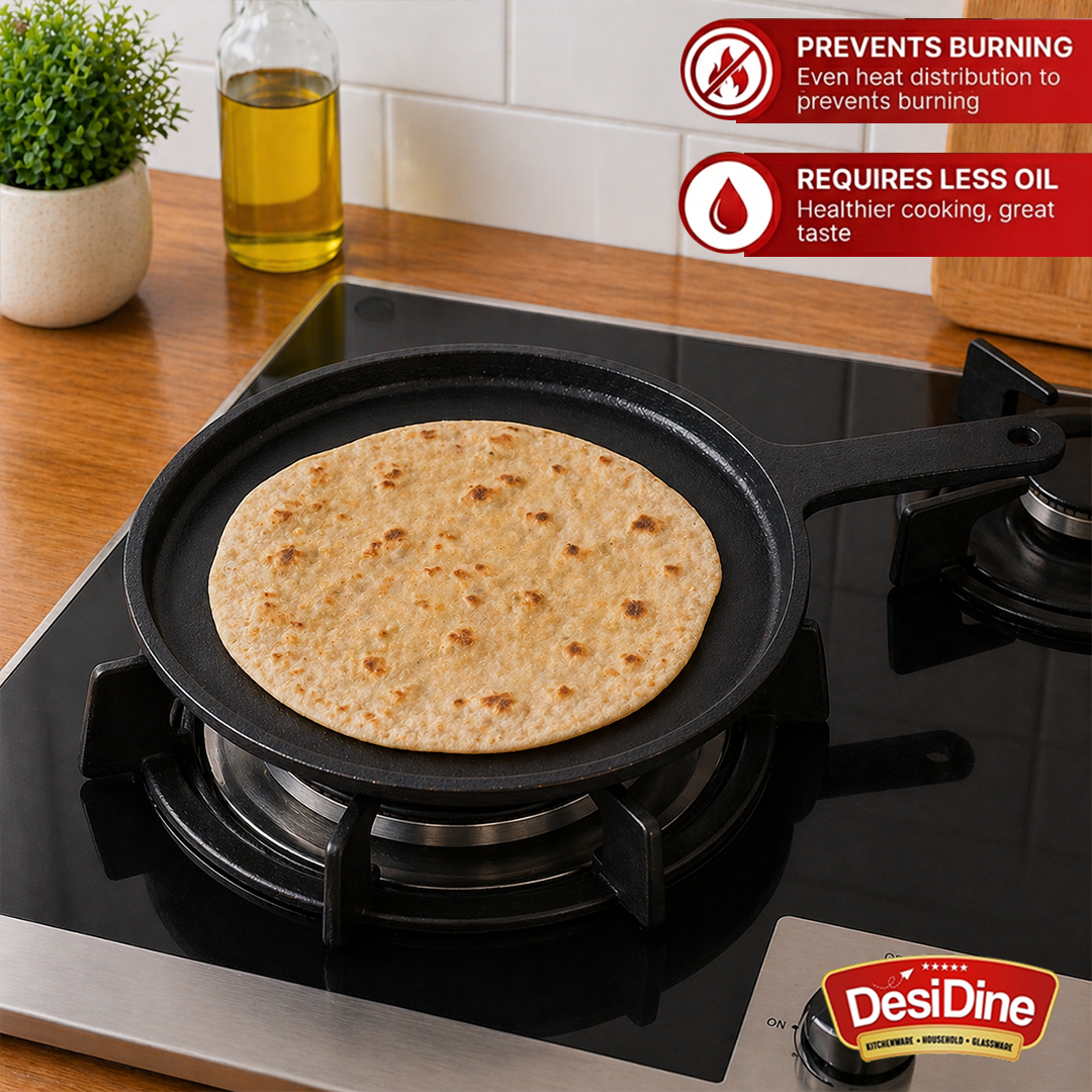 DesDine Pre-Seasoned Cast Iron Flat Roti/Chapati Tawa, 25 cm, Induction Friendly