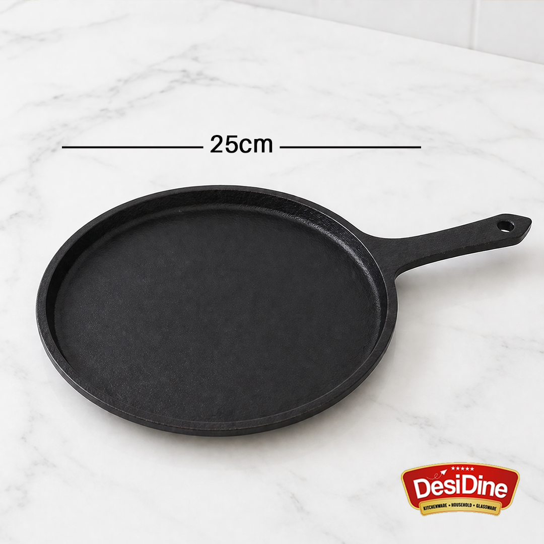 DesDine Pre-Seasoned Cast Iron Flat Roti/Chapati Tawa, 25 cm, Induction Friendly