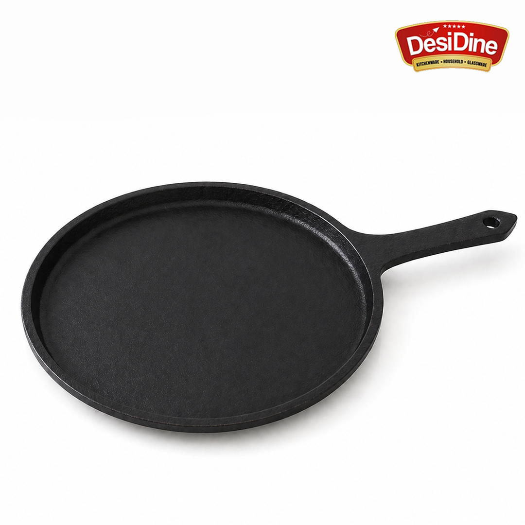 DesDine Pre-Seasoned Cast Iron Flat Roti/Chapati Tawa, 25 cm, Induction Friendly