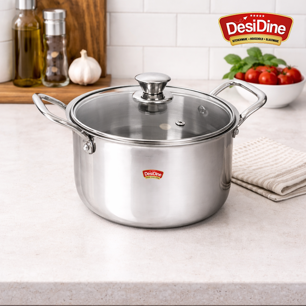 DesiDine Stainless Steel Triply Sauce Pot/ Biryani Pot With Glass lid