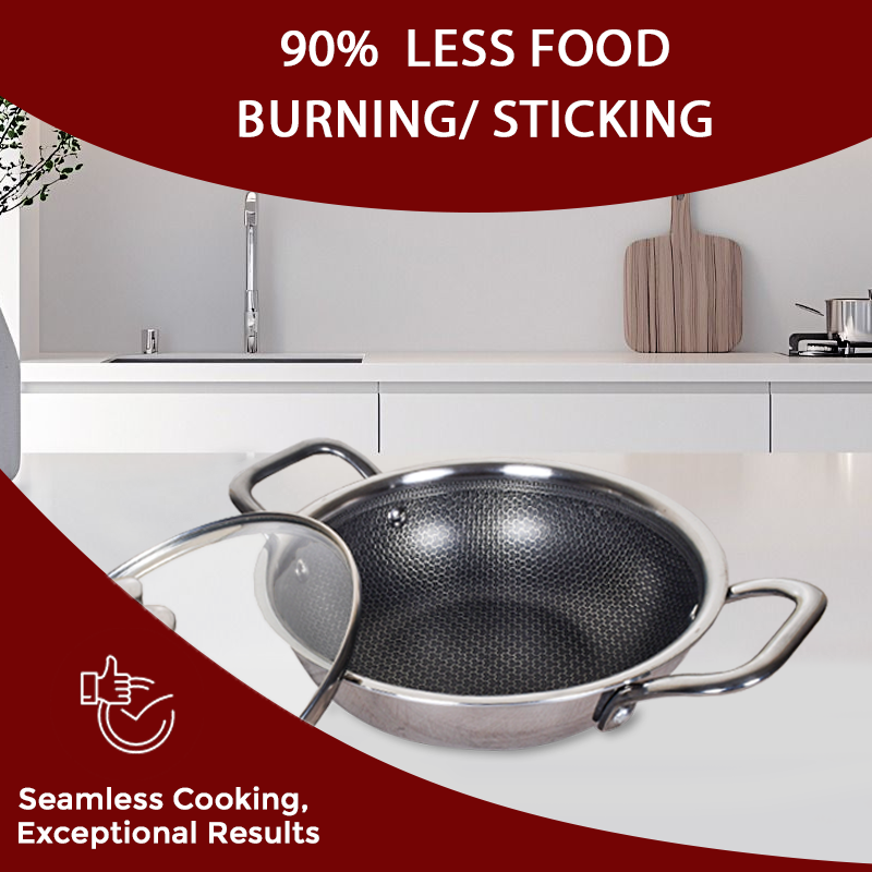 DesiDine Triply Stainless Steel Honeycomb Kadai with Glass Lid