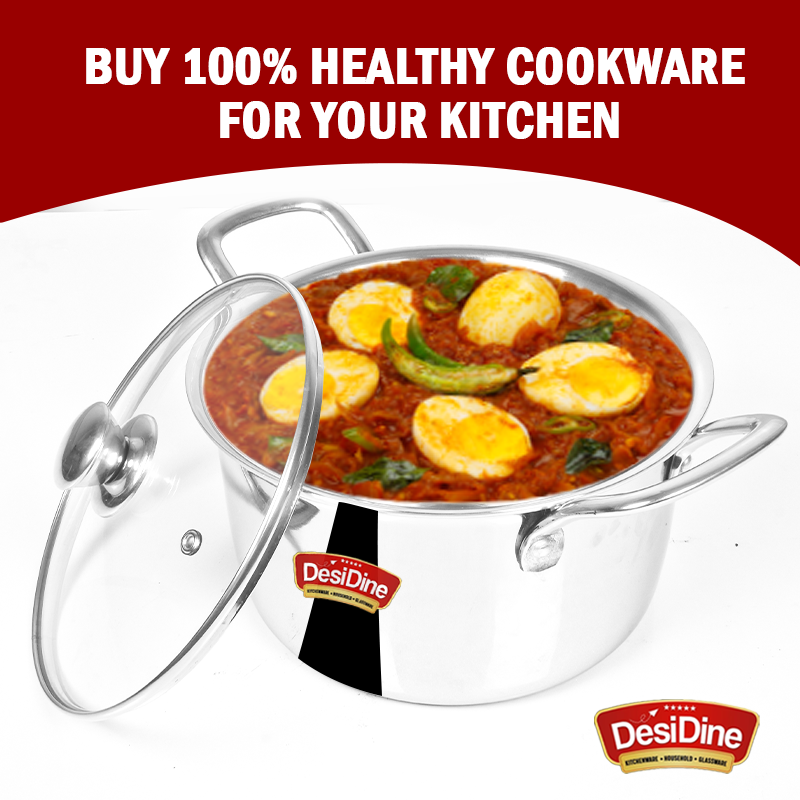 DesiDine Stainless Steel Triply Sauce Pot/ Biryani Pot With Glass lid