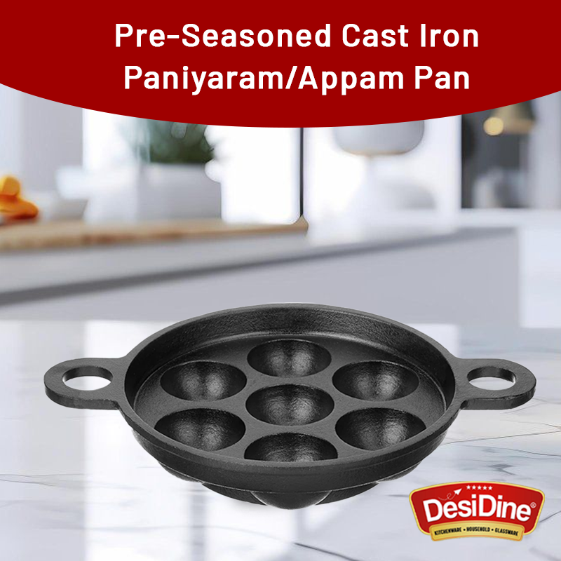 DesiDine Pre-Seasoned Cast Iron Paniyaram/Appam Pan (7-Pit)