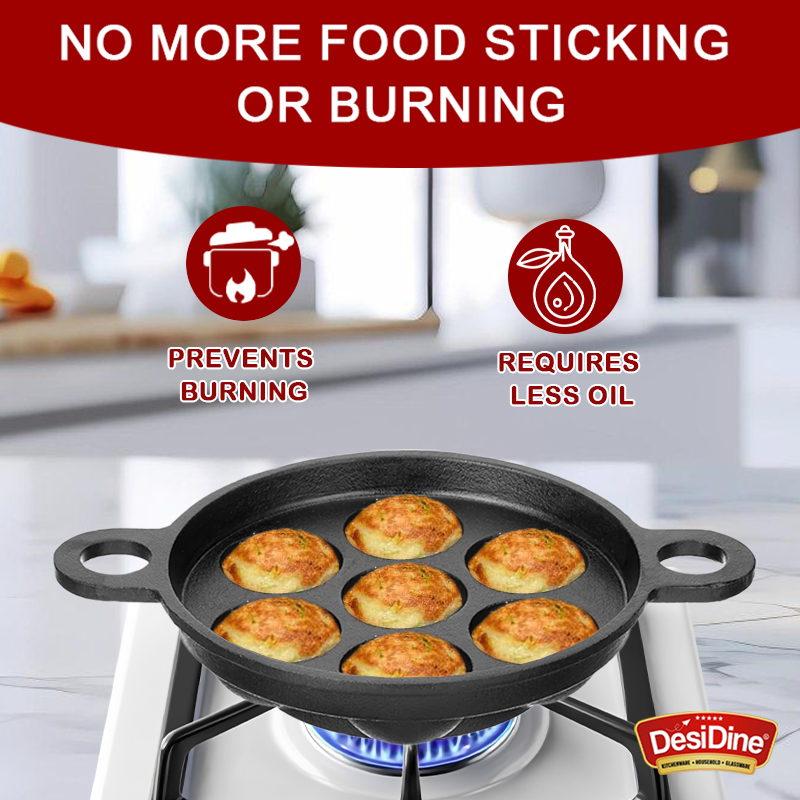 DesiDine Pre-Seasoned Cast Iron Paniyaram/Appam Pan (7-Pit)