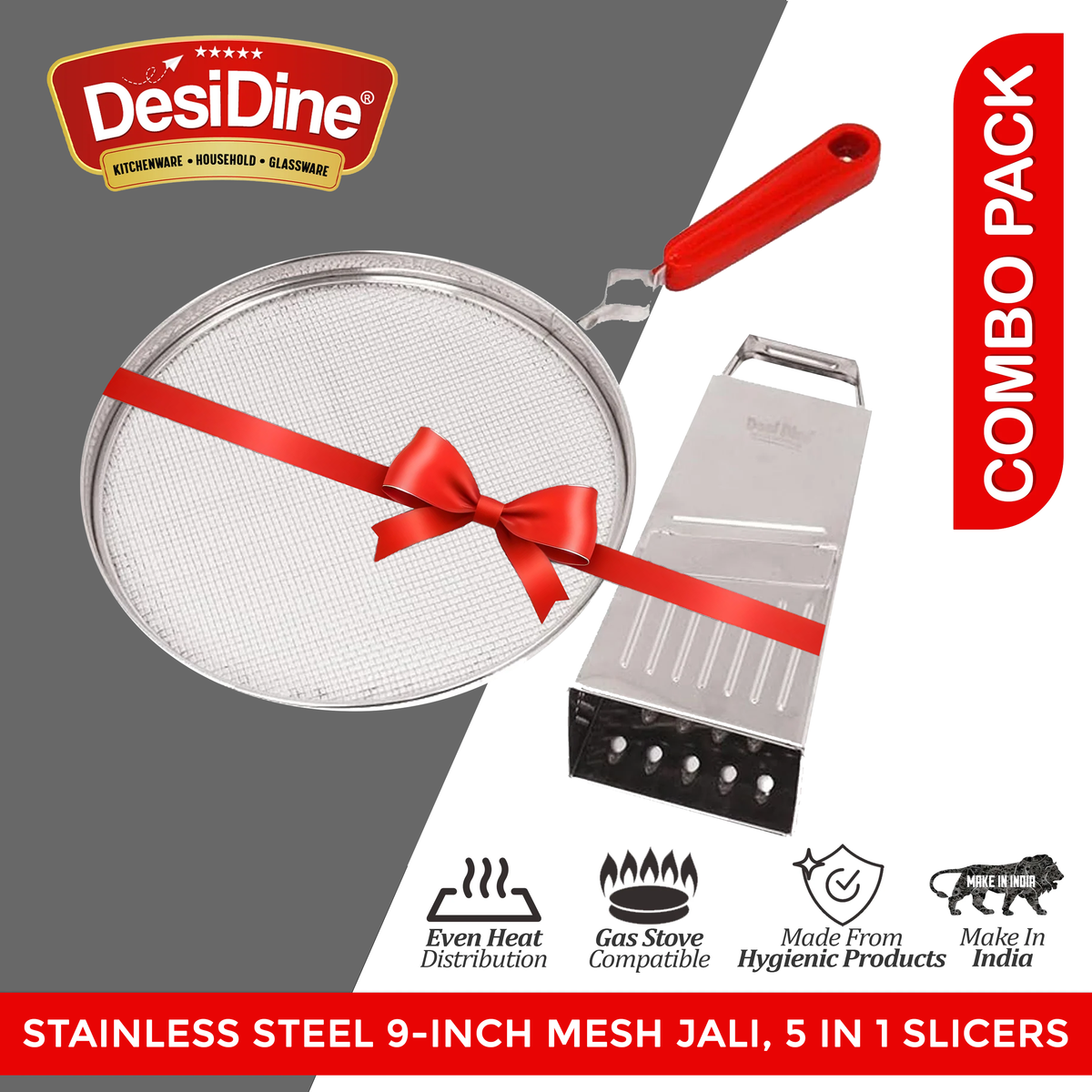DesiDine Multi-Purpose Combo, Stainless Steel 9-inch Mesh Jali, 5 in 1 Slicers/Grater Set of 2 pc