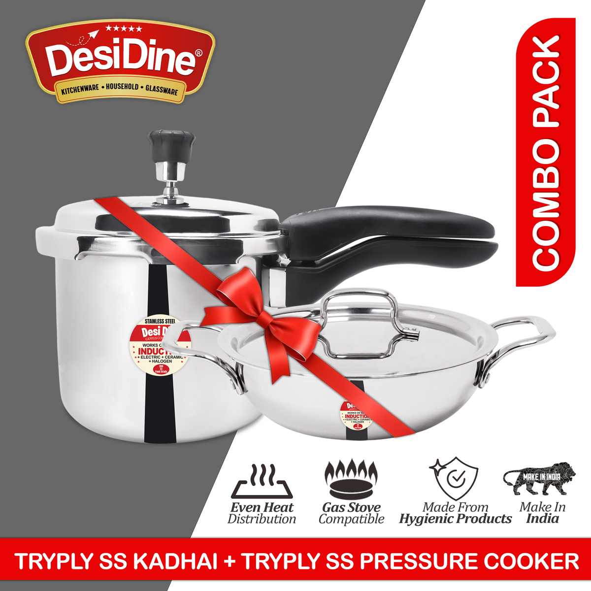 Desidine 2 pcs combo pack in 3L Triply ss kadhai with 3L Outer Lid triply ss pressure cooker