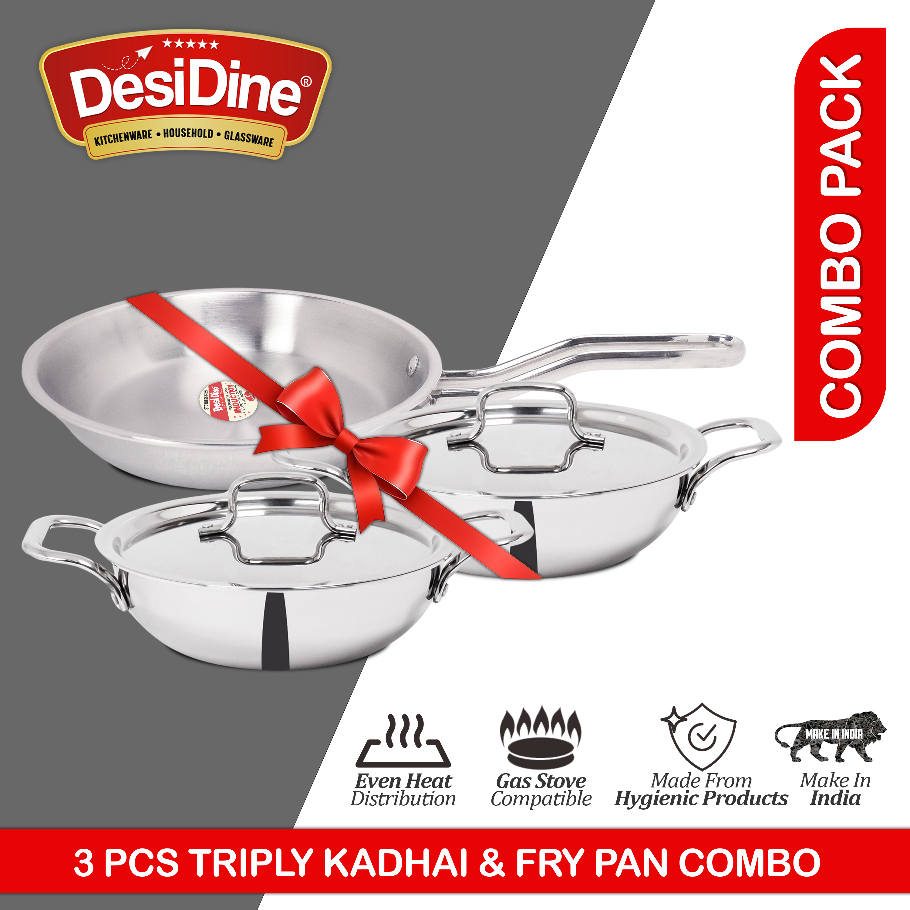 Desidine 3 Pcs Triply combo (2 pcs Triply Kadhai and 1 Pc Frypan)