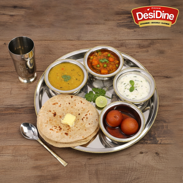 Desidine Stainless Steel Two-Tone Floral Thali Set 7 Piece Set