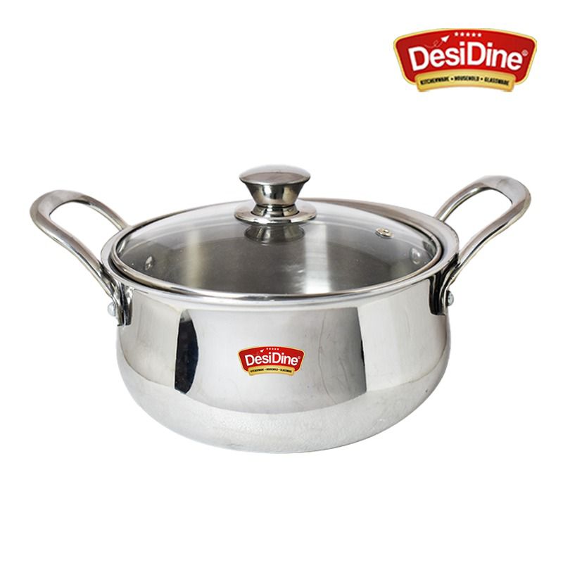 Triply Stainless Steel Handi Shape Biryani Pot with Glass Lid – 3.2 Litre (22×10 cm, 1.78 Kg) | Heavy Duty Cookware