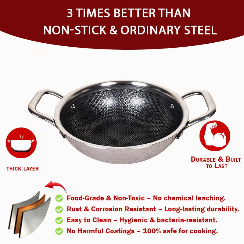 DesiDine Triply Stainless Steel Honeycomb Kadai with Glass Lid