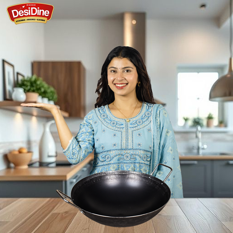 DesiDine 100% Pure Sheet Iron Deep Kadhai With SS Handle (28 cm, 3 Litre)