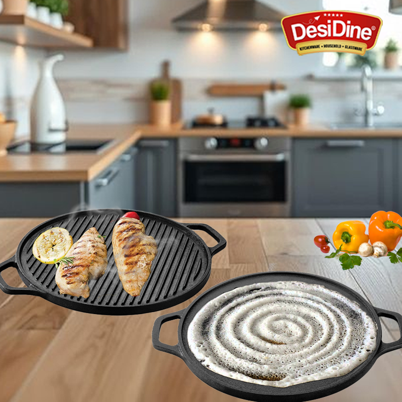 DesiDine Pre-Seasoned Cast Iron 2 in 1 Griddle Pan With Silicon Handle Grip (30 cm Diameter)