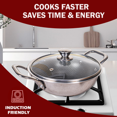DesiDine Triply Stainless Steel Honeycomb Kadai with Glass Lid