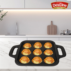 DesiDine Preseasoned Cast Iron 9 Pit Paniyaram/Appam Pan (20 cm)