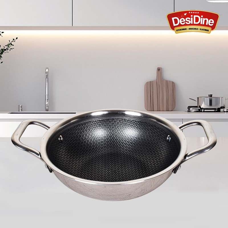 DesiDine Triply Stainless Steel Honeycomb Kadai with Glass Lid