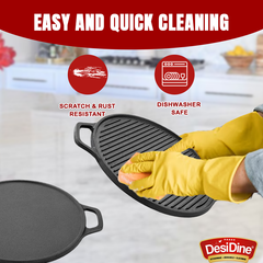 DesiDine Pre-Seasoned Cast Iron 2 in 1 Griddle Pan With Silicon Handle Grip (30 cm Diameter)